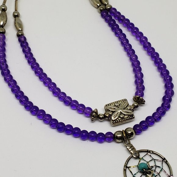 Sterling Silver Purple Bead Two Layer Dream Catcher Necklace Southwest Style - Picture 11 of 11